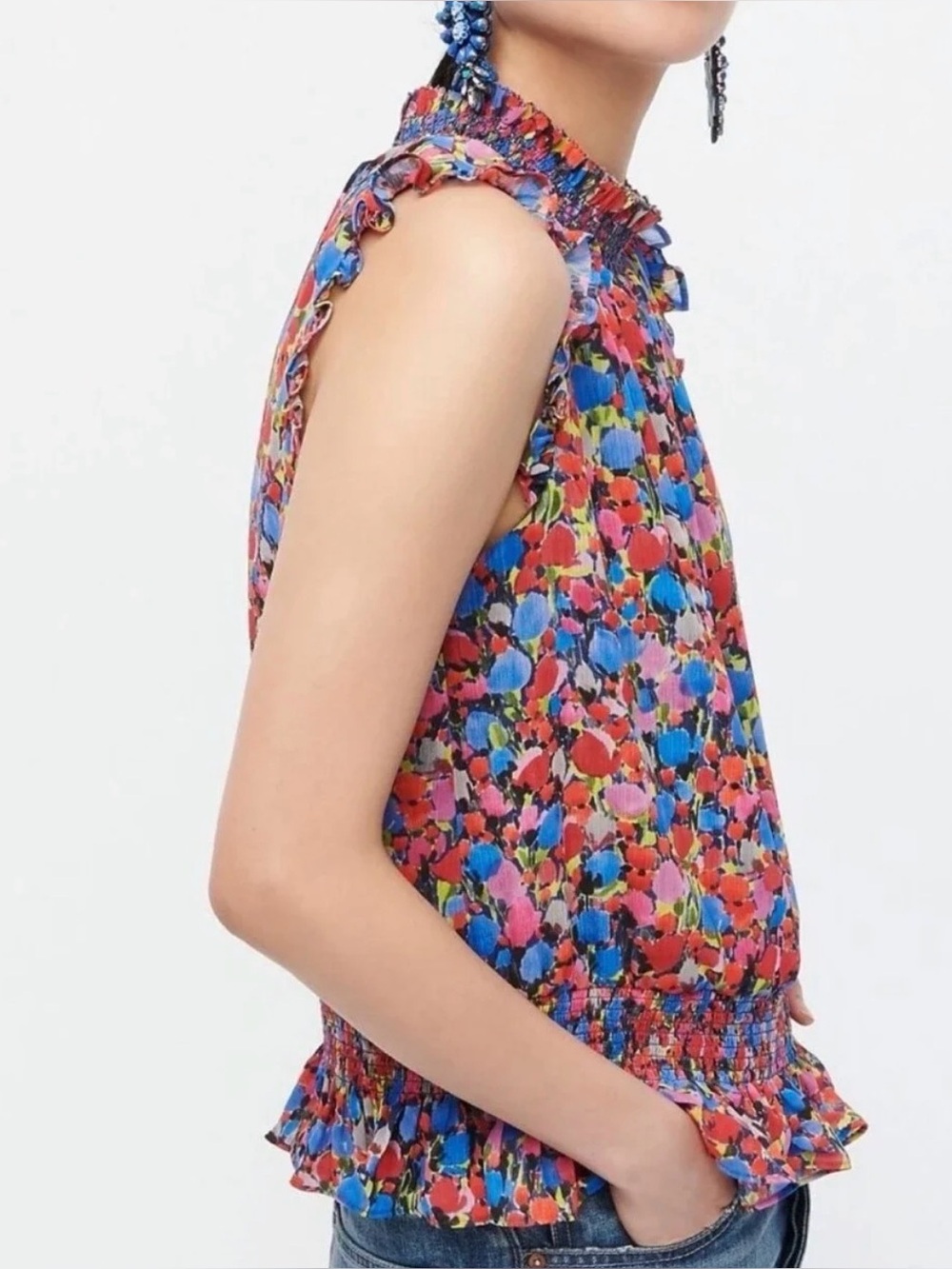 J.Crew Sleeveless Mock Neck Watercolor Floral  Print Smocked Top, Size 6